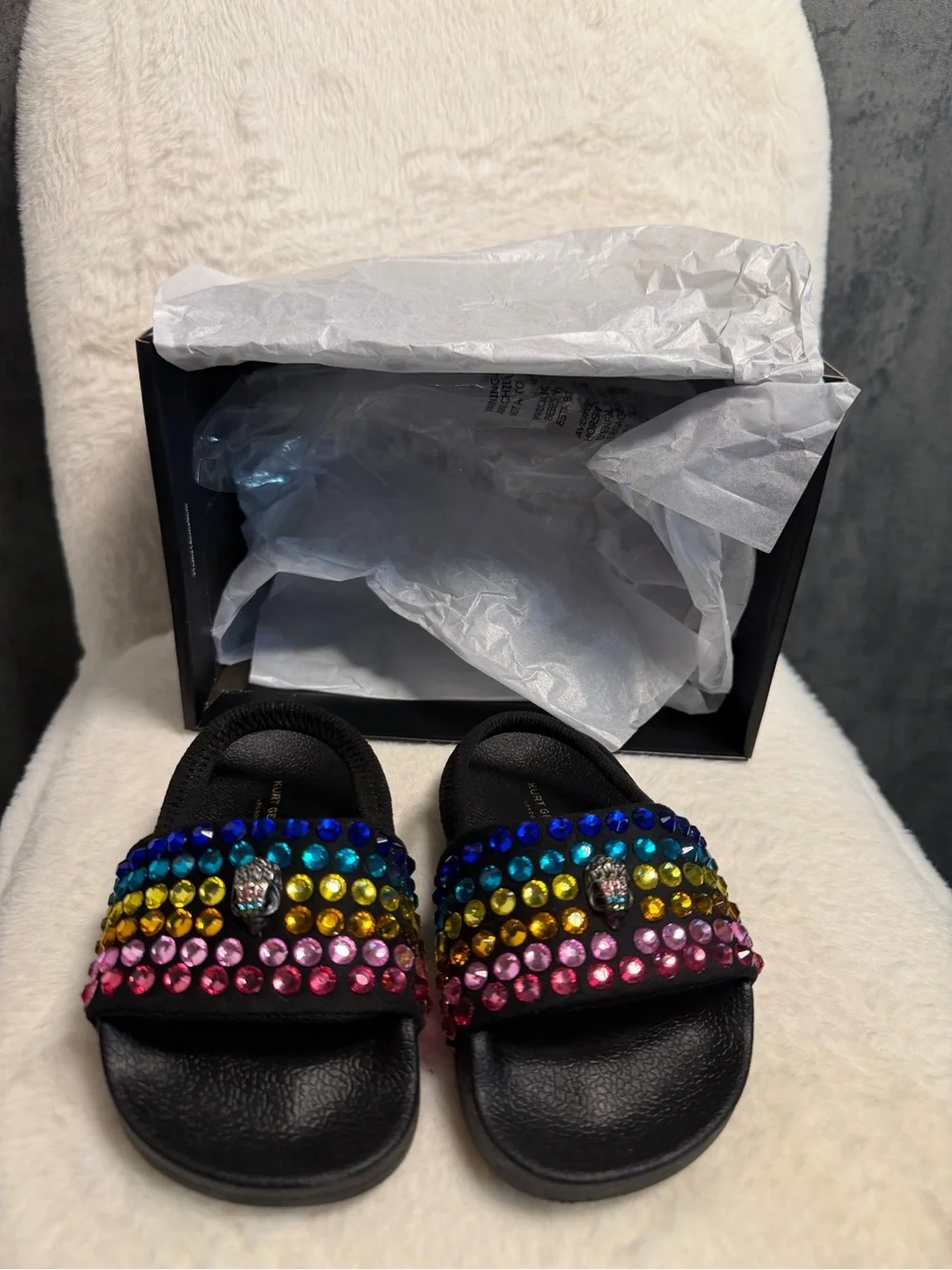 Black Slide Sandals with Multicolor Gem Accents - Women